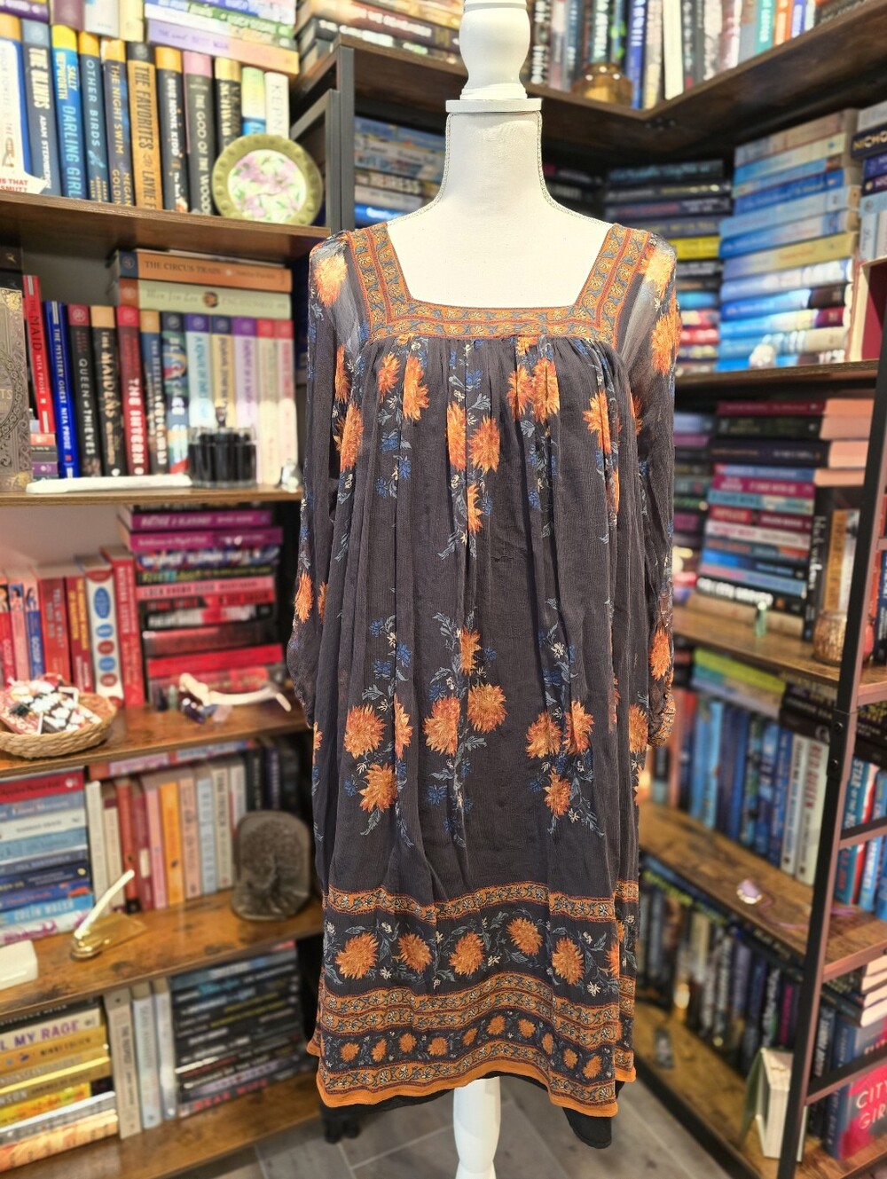 Massimo Dutti Boho Floral Peasant Dress - Orange on Charcoal
